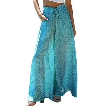 Women's Palazzo Pants Boho Flowy Print Wide Leg High Waisted Baggy Loose Drawstring Waist Lightweight Summer Vacation Trousers