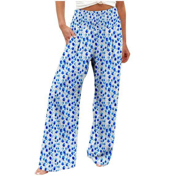 Women's Palazzo Pants Floral Printed Dressy Casual Straight Wide Leg Slacks Elastic Waist Pants with Pockets (S, Multicolor 10)