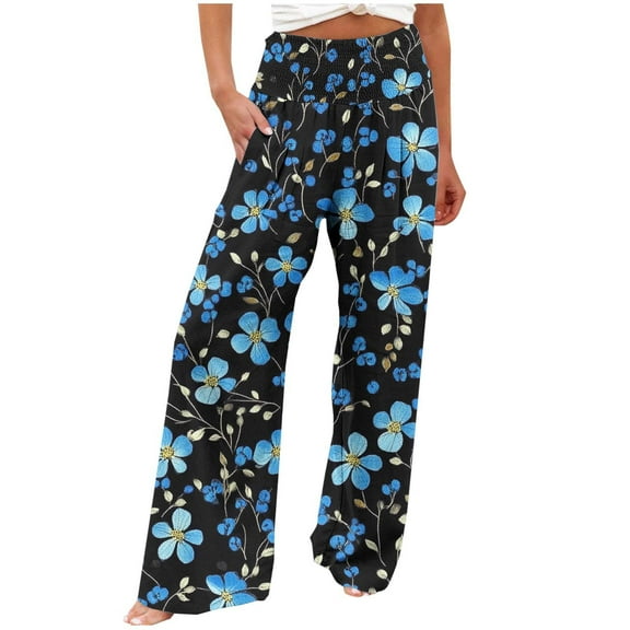 Women's Palazzo Pants Floral Printed Straight Wide Leg Slacks Elastic Waist Dressy Casual Pants with Pockets (L, Multicolor 3)