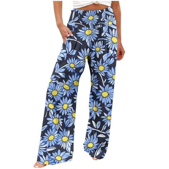Women's Palazzo Pants Floral Printed Straight Wide Leg Slacks Elastic Waist Dressy Casual Pants with Pockets (L, Multicolor 9)
