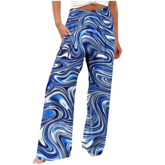 Women's Palazzo Pants Floral Printed Straight Wide Leg Slacks Elastic Waist Dressy Casual Pants with Pockets (S, Multicolor 7)