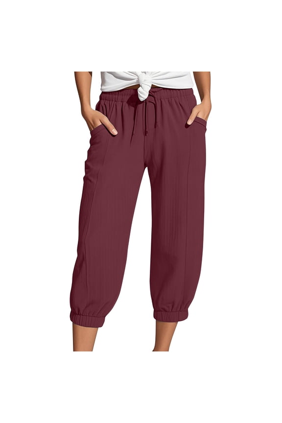 Women's Palazzo Pants High Waist Pocket Loose Harem Wide Leg Linen Trousers Pants for Women Red M