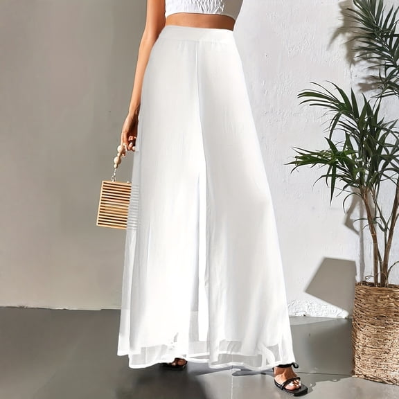 Women's Palazzo Pants Summer Beach Pants Chiffon Wide Leg Casual Long Trousers White XL