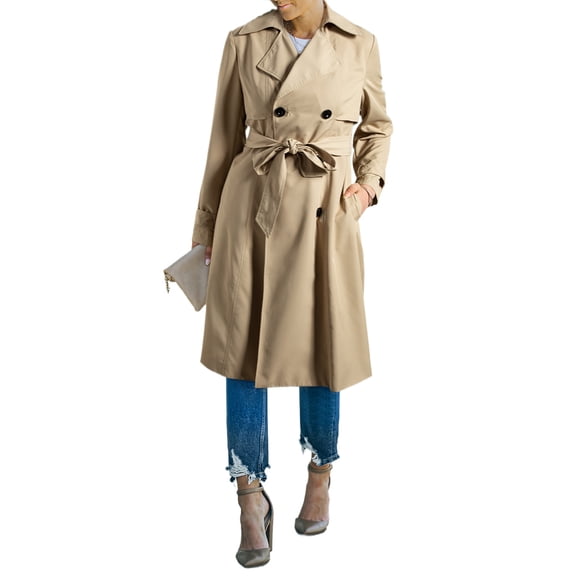 Women's Pale Khaki Solid Color Lapel Collar Waist Tie Wind Coat, (US 20-22)2XL