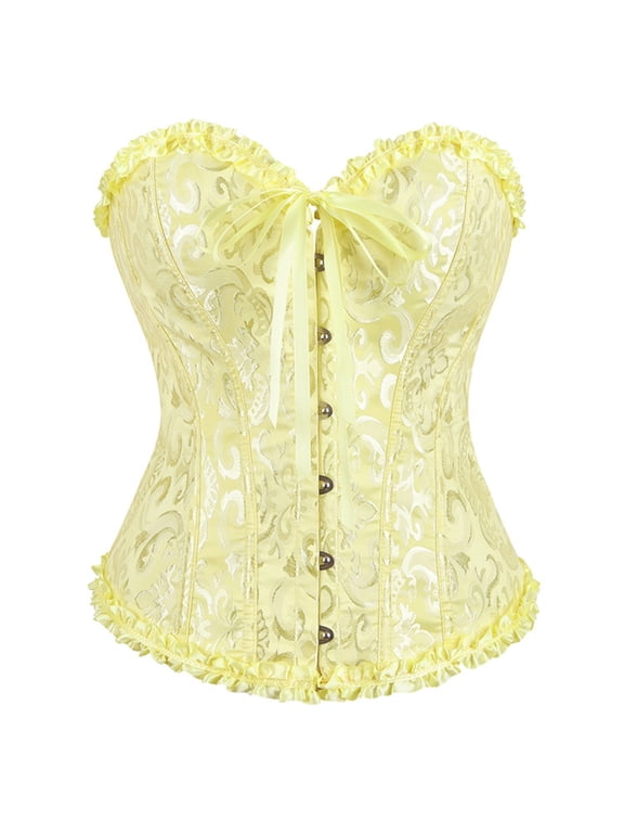 Women's Pale Yellow Jacquard Ruffle Sweetheart Strapless Corset Steel Boned Waist Trainer Shaping Bodice for Renaissance Outfit