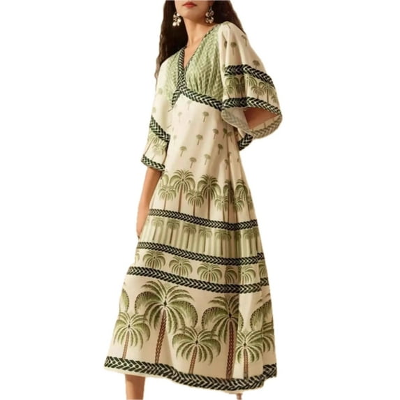 Women's Palm Print V Neck Midi Dress 100% Polyester Lightweight Flowing Knee Length Everyday Festive for Spring