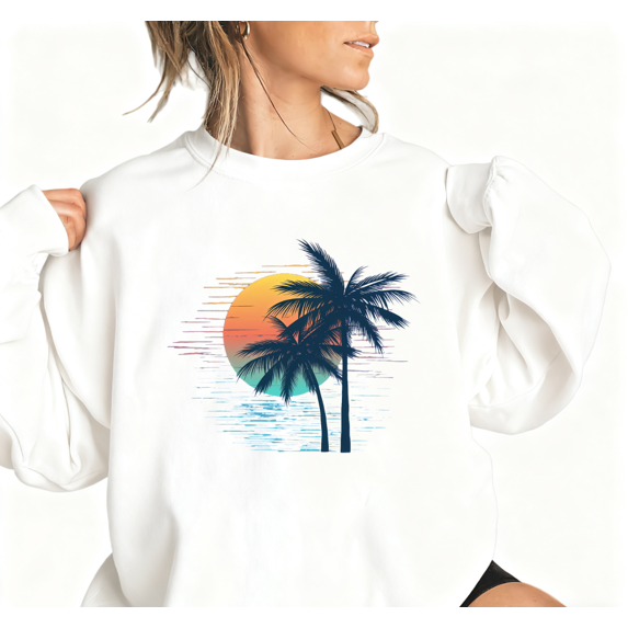 Women's Palm Sunset Graphic Comfortable Sweatshirt Top Breathable Round-neck long-sleeved White S-3XL