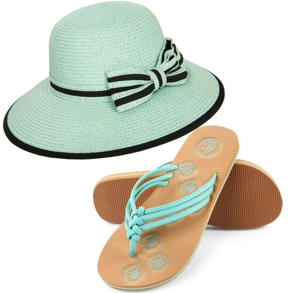 Women's Panama Styled Woven Straw Hat and Foam Flip Flop Sandals Set US Women's Shoe Sizes 7-10