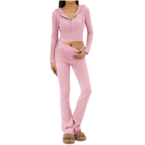 Women's Pant Sets Casual, Women's Fall and Winter Knitted Hooded High Waisted Long Sleeved Pants Two-Piece Set New Fall Sets for Women 2 Piece Pinky M