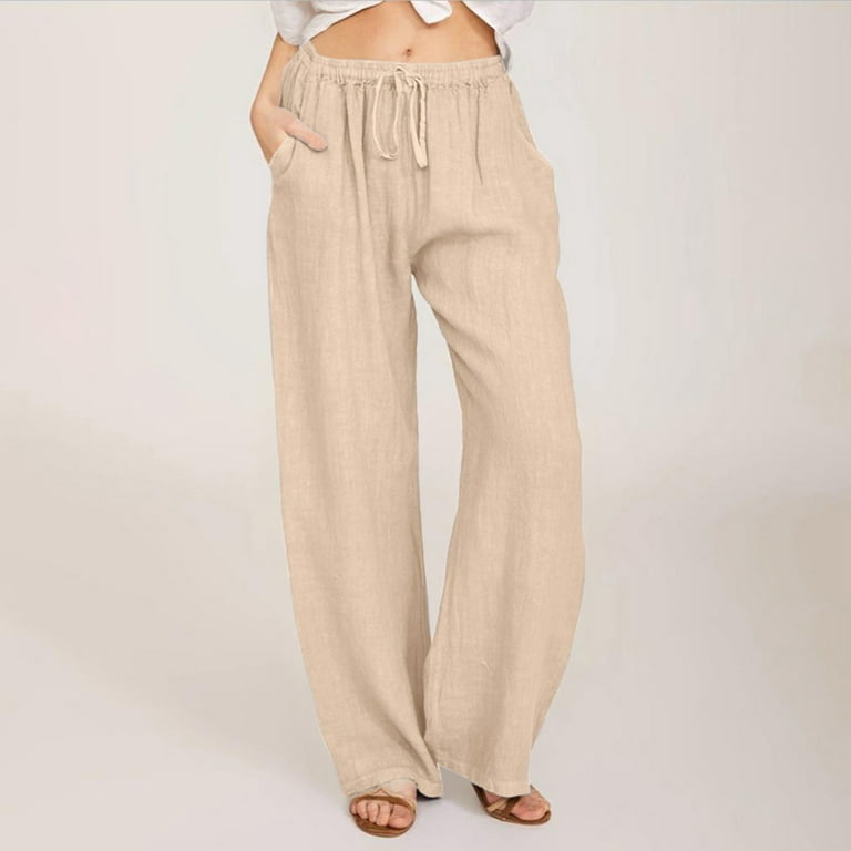 Women's Pant Women Solid Cotton Blend Drawstring Elastic Waist Pocket Long  Wide Leg Pants Khaki XL