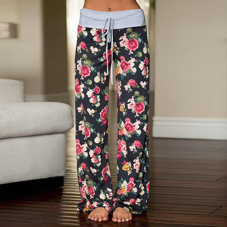 Women's Pant Women's Comfy Pajama Pants Floral Print Drawstring Lounge  Pants Wide Leg Black XXL