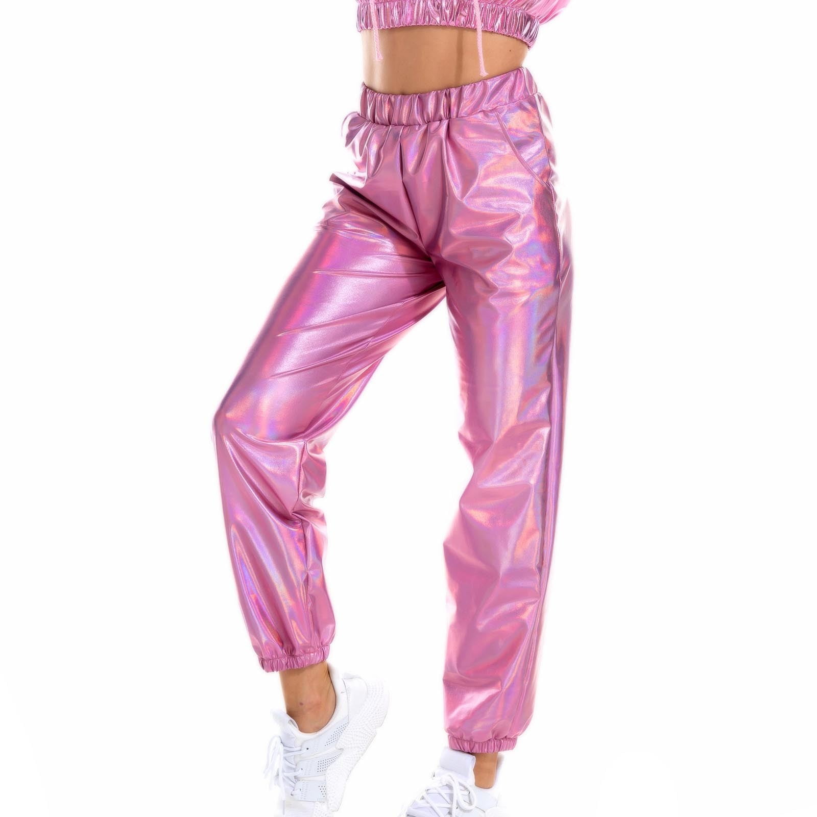 Women's Pant Women's Holographic Streetwear Club Cool Shiny Causal Pants  Pink XXL