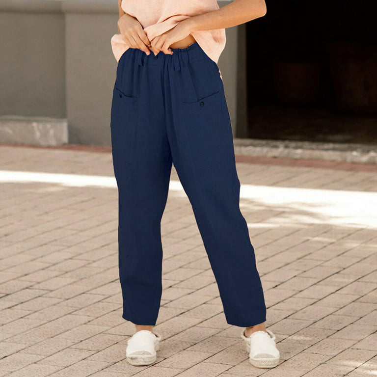Women's Pant Women's Straight Fit Elastic Waisted Drawsting Cotton Linen  Pants Loose Trousers With Pockets Navy XL 