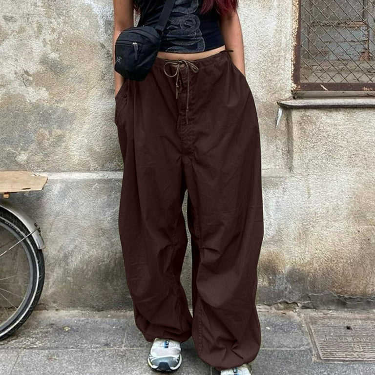 Women's Pant Womens Baggy Cargo Pants Streetwear Hop Joggers Sweatpants  Drawstring Loose Wide Leg Trousers Brown S