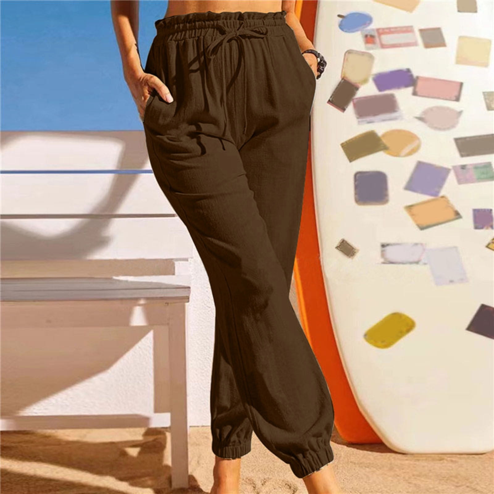 Women s Pant Womens Elastic Waist Solid Comfy Cotton Linen Pants With Pockets Coffee M