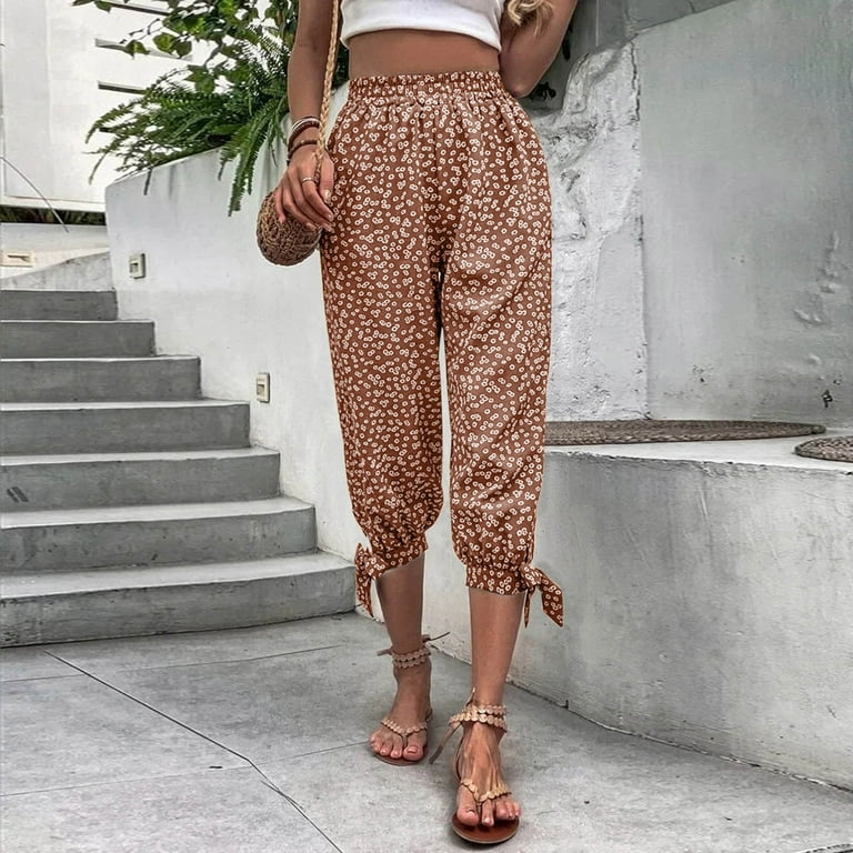 Women's Pant Womens Flower Prinnted Linen Capri Pants Elastic Waist Summer Cropped  Trousers With Pockets Orange XXL 