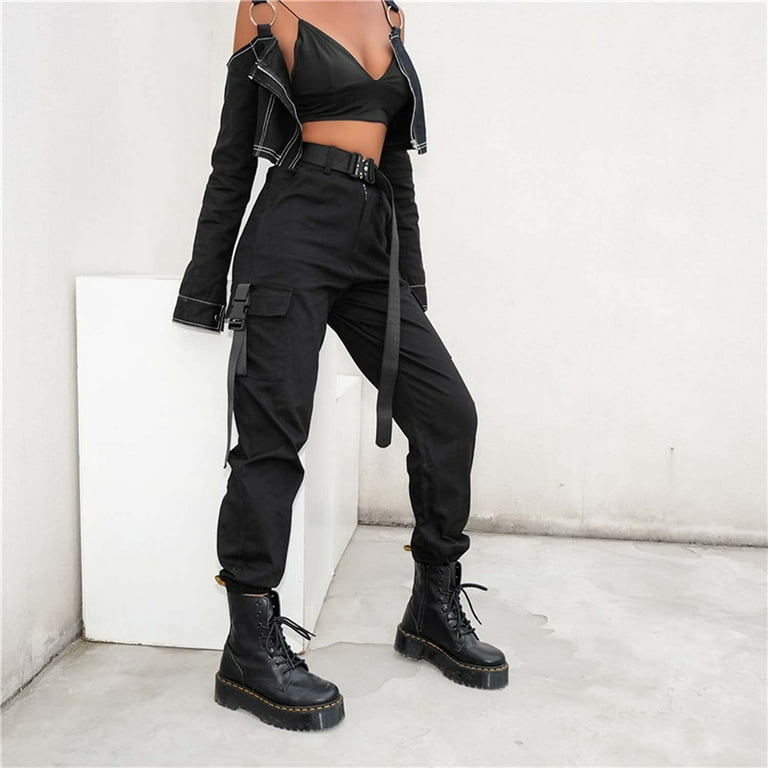 Women's Pant Womens High Waisted Cargo Pants Pockets Loose Combat Twill  Trousers Girls Black XXL 