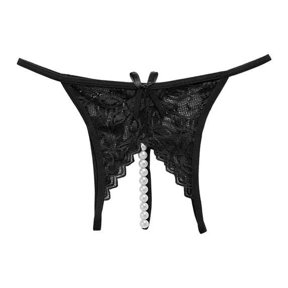 Women's Panties Pure Color Lace Crotchless Panties with Transparent Beads and Gentle Massage Function for Women Black M