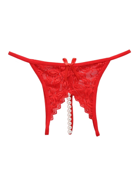 Women's Panties Pure Color Lace Crotchless Panties with Transparent Beads and Gentle Massage Function for Women Red L