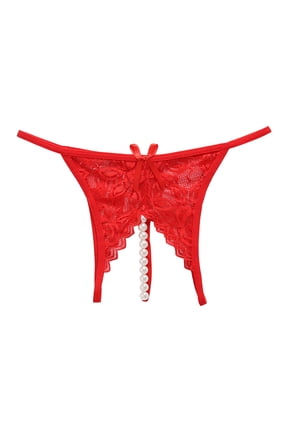 Women's Panties Pure Color Lace Crotchless Panties with Transparent Beads and Gentle Massage Function for Women Red M