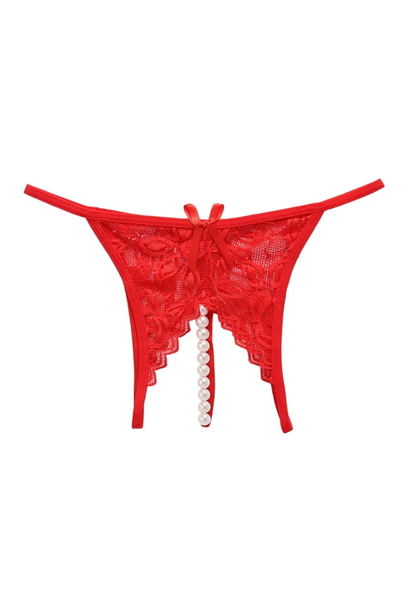Women's Panties Pure Color Lace Crotchless Panties with Transparent Beads and Gentle Massage Function for Women Red M