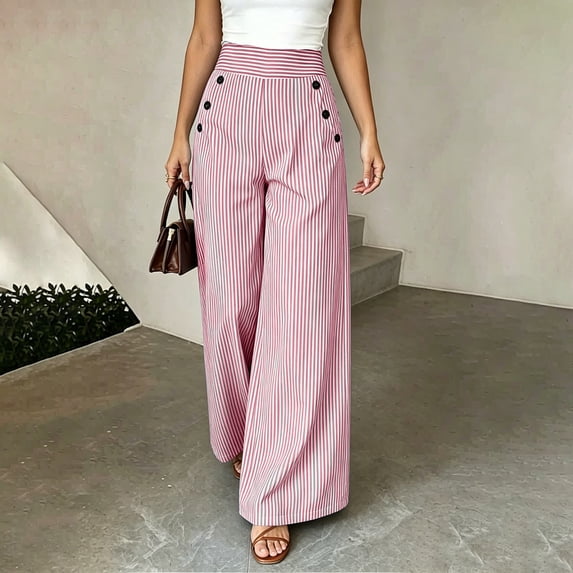 Women's Pants Black and White Casual High Waisted Double Breasted Striped Floor Length Wide Leg Trousers