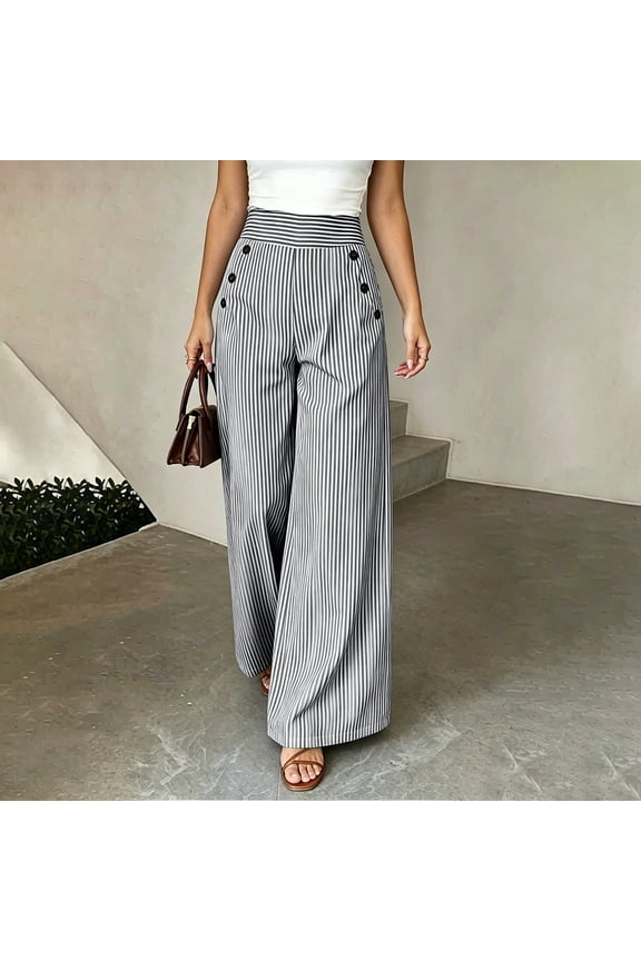 Women's Pants Black and White Casual High Waisted Double Breasted Striped Floor Length Wide Leg Trousers