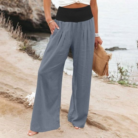 uublik Women's Pants Blue High Waisted Palazzo Pants Casual Wide Leg Long Lounge Pant Trousers with Pocket