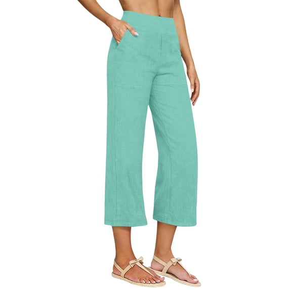 Women's Pants,Capris Pants for Women Cotton Linen Casual Summer Straight Loose Fit Wide Leg Elastic Waist Cropped Trouser