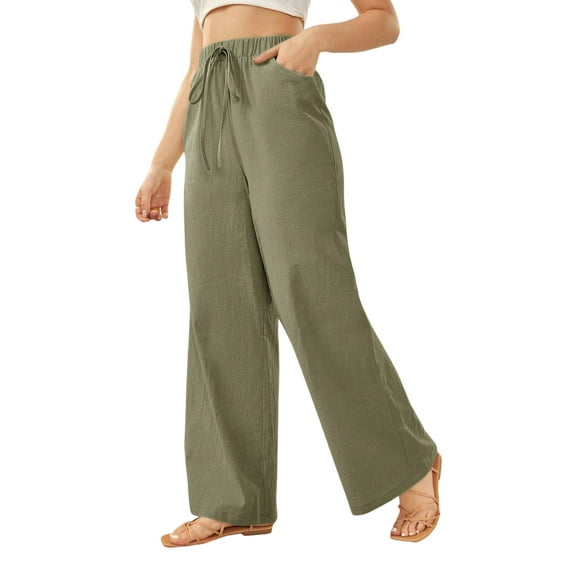 Women's Pants Casual Elastic High Waisted Wide Leg Pants Army Green M Palazzo Pants with Pockets
