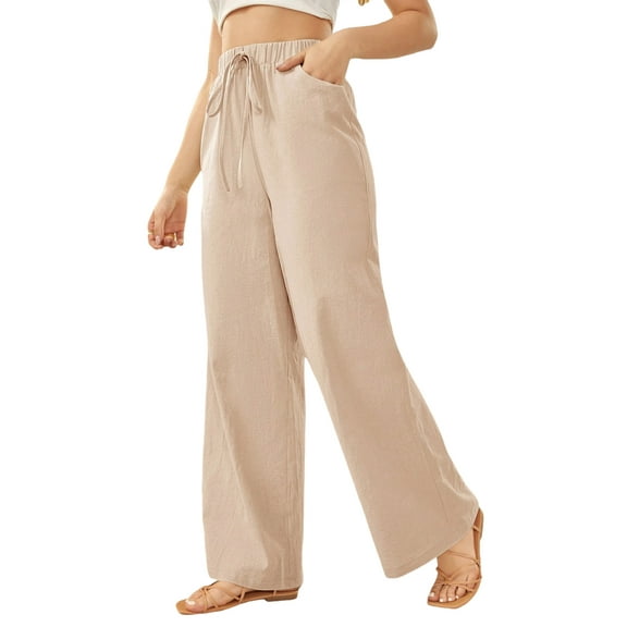 Women's Pants Casual Elastic High Waisted Wide Leg Pants Beige M Palazzo Pants with Pockets