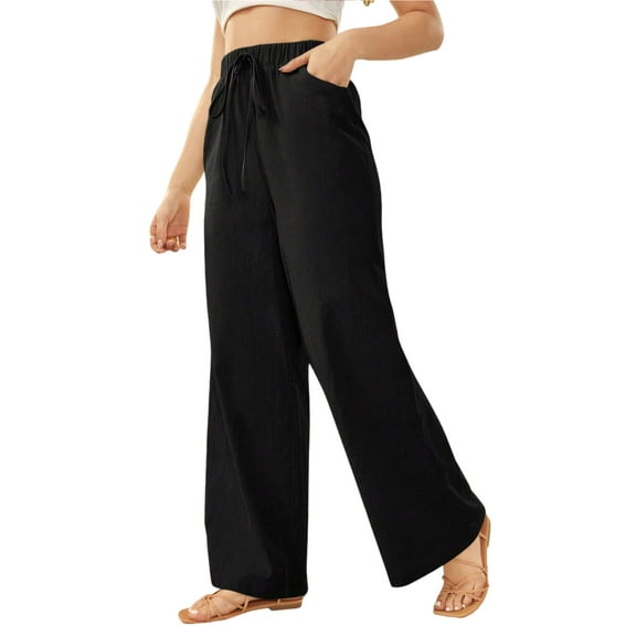 Women's Pants Casual Elastic High Waisted Wide Leg Pants Black M Palazzo Pants with Pockets
