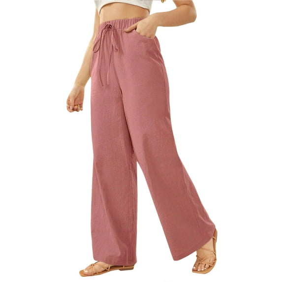 Women's Pants Casual Elastic High Waisted Wide Leg Pants Dusty Pink L Palazzo Pants with Pockets