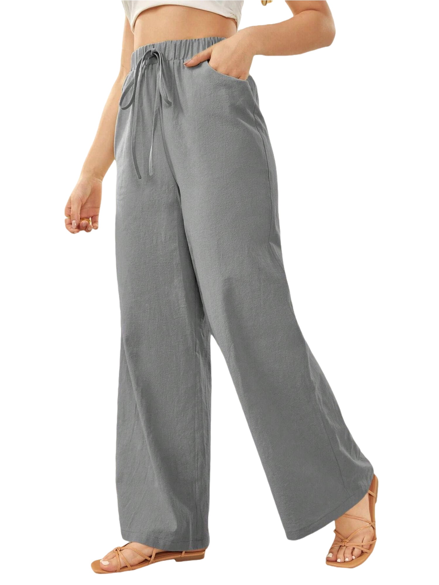 Women's Pants Casual Elastic High Waisted Wide Leg Pants Grey L Palazzo ...