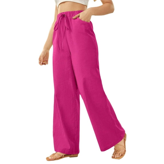 Women's Pants Casual Elastic High Waisted Wide Leg Pants Hot Pink S Palazzo Pants with Pockets