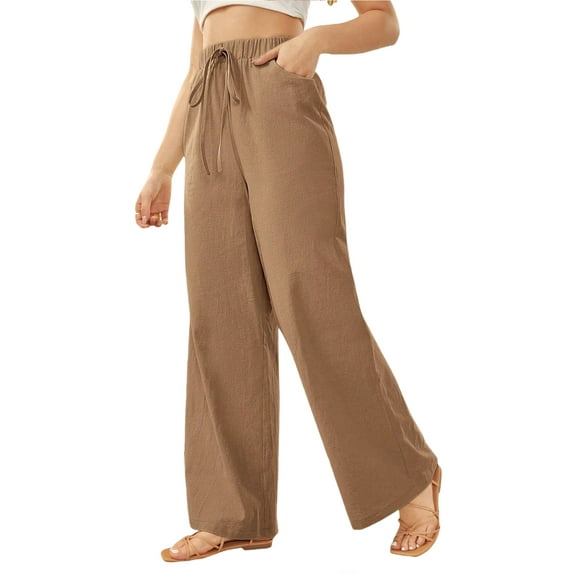 Women's Pants Casual Elastic High Waisted Wide Leg Pants Khaki L Palazzo Pants with Pockets