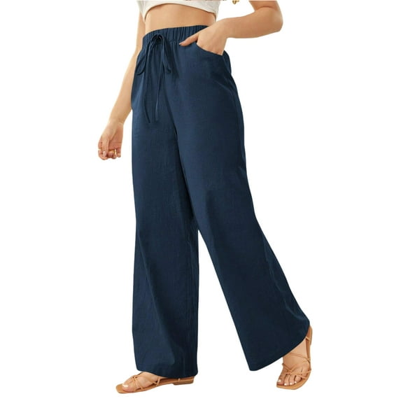 Women's Pants Casual Elastic High Waisted Wide Leg Pants Navy Blue L Palazzo Pants with Pockets
