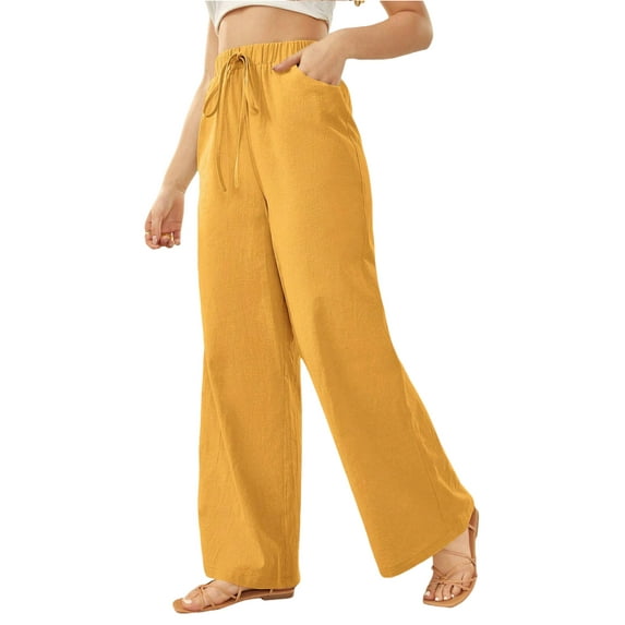 Women's Pants Casual Elastic High Waisted Wide Leg Pants Yellow XL Palazzo Pants with Pockets