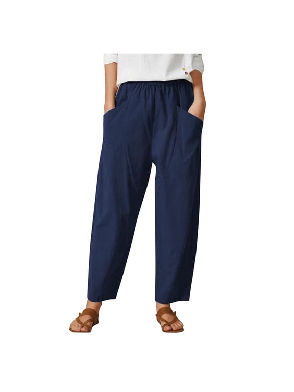 Women's Pants Casual Stretch Solid Pocket Elastic Waist Cotton Hemp Loose Harem Trousers