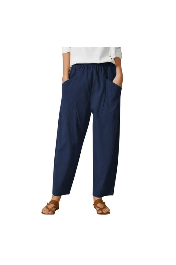 Women's Pants Casual Stretch Solid Pocket Elastic Waist Cotton Hemp Loose Harem Trousers