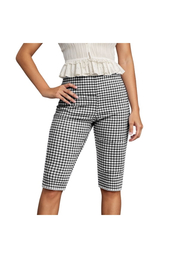 Women's Pants Checkered Cropped Summer Thin Straight Leg Stretchy Plaid Bermuda Trousers Comfortable Skinny Slacks for Women Black L