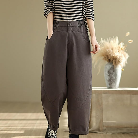 Women's Pants Under $10 High Rise Staright Leg With Pockets And Elastic Waistband Spliced Cotton Casual Pants With Elastic Waist Solid Color And Versatile Harun Pants