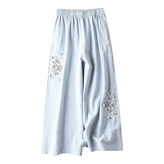 Women's Pants Dress Pants for Women 2025 Ladies Summer Versatile Slimming Thin Retro Ethnic Embroidered Wide Leg Pants