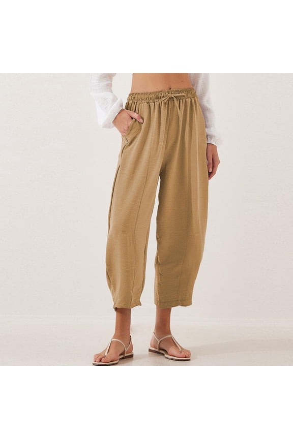 Women's Pants Under $10 High Rise Staright Leg With Pockets New Summer Solid Color High Waist Drawstring With Pocket Foot Binding Pants