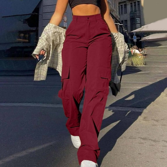 Women's Pants Under $10 With Pockets Fashion Casual Pocket Straight Leg Pants High Waisted Workwear Pants
