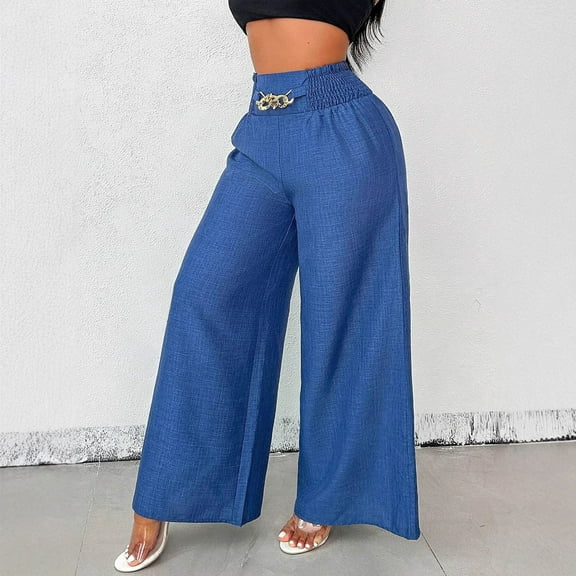 Women's Pants Under $10 With Pockets High Rise Staright Leg Casual Solid Loose High Waist Fashion Wide Leg Long Pants