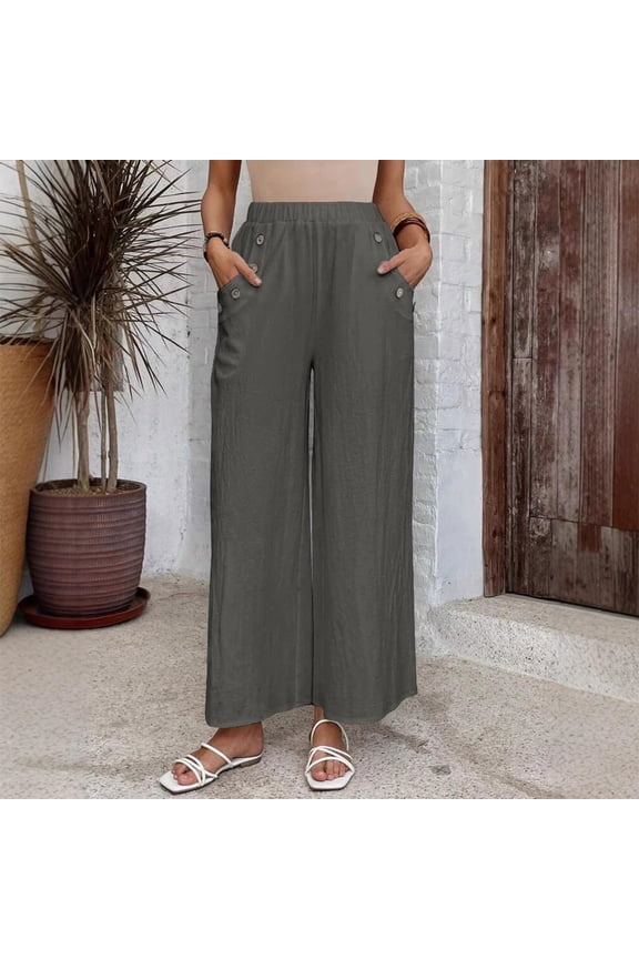 Women's Pants Under $10 With Pockets Summer Casual Loose Pockest Elastic Waist Button Trousers Full Length Pants