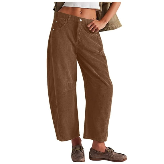 Women's Pants Corduroy Barrel Mid Rise Elastic Waist Cord Casual Wide Leg Baggy Pockets Brown Dress Pants Sizes M