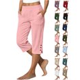 thumbnail image 1 of Women's Pants Cotton Linen Solid Color Loose Straight Leg Pants with Pockets Side Slit Buttons Cropped Pants Summer Beach Casual Wear S-5XL, 1 of 7