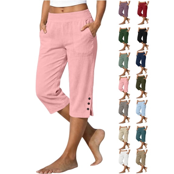 Women's Pants Cotton Linen Solid Color Loose Straight Leg Pants with Pockets Side Slit Buttons Cropped Pants Summer Beach Casual Wear S-5XL